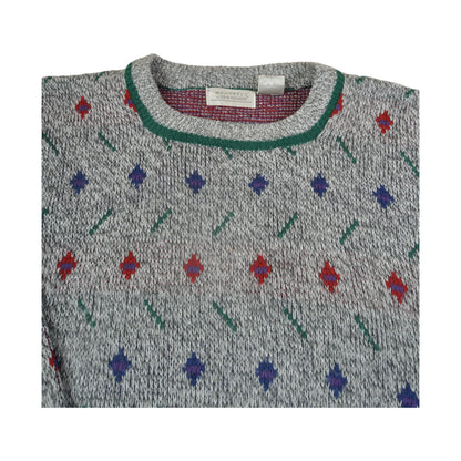 Vintage Strickpullover Retro Muster Grau Medium