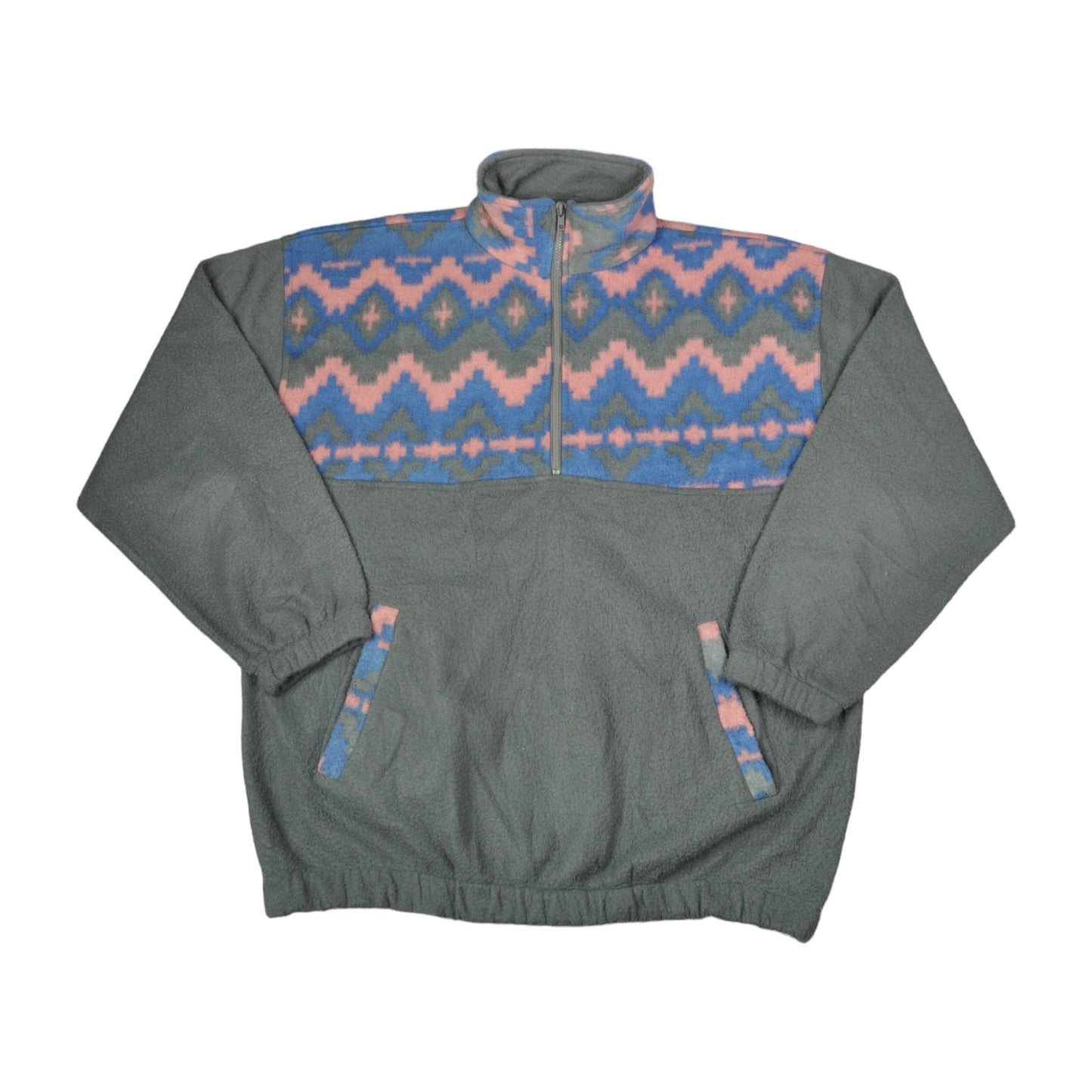 Vintage Fleece 1/4 Zip Retro Pattern Grey Medium