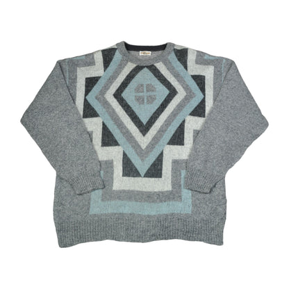 Vintage Rundhals Strickmuster Pullover Grau Groß