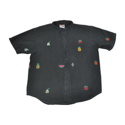 Vintage 90's Shirt Fruit Pattern Short Sleeve Black Ladies Large