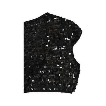 Vintage Y2K Sequin Cropped Top Black Large