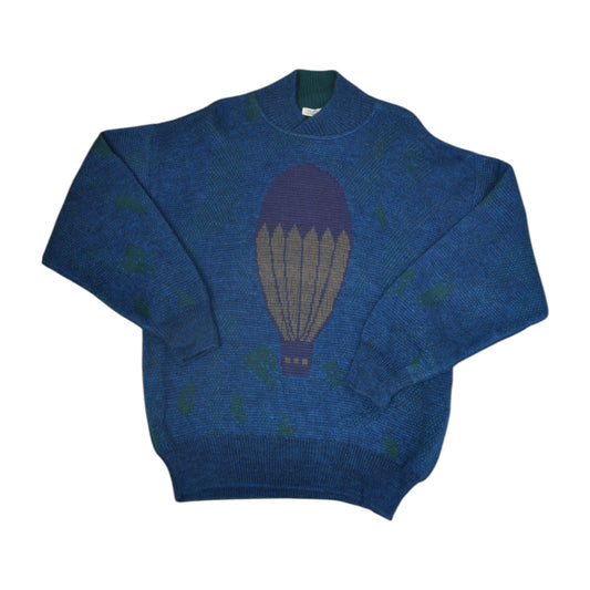 Vintage Knitwear Sweater Air Balloon Pattern Blue Medium