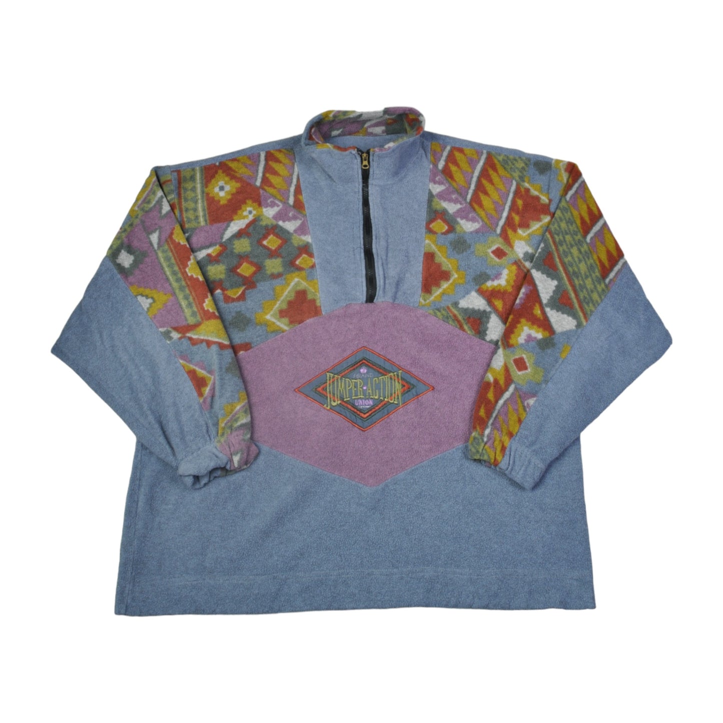 Vintage Fleece 1/4 Zip Retro Pattern Blue XL