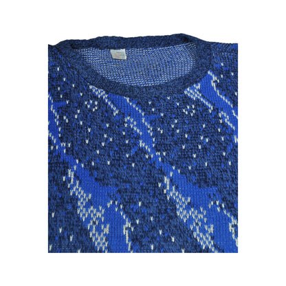 Vintage Crew Neck Strickpullover Retro Muster Pullover Blau Damen Groß