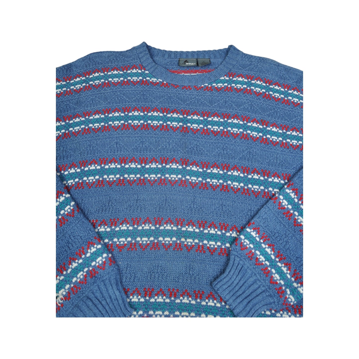 Vintage Cotton Knitwear Sweater Retro Pattern Blue Small