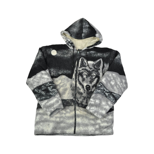 Vintage Hooded Fleece Jacket Wolf Print Grey Small