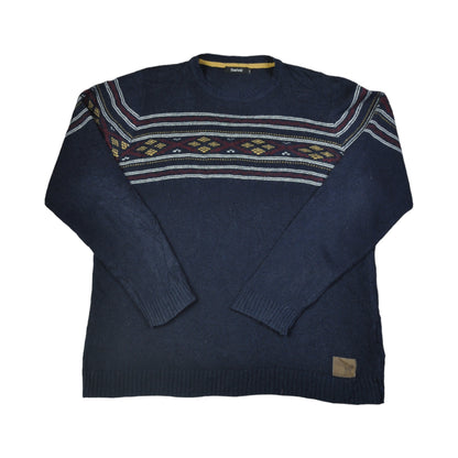 Vintage Crew Neck Knitwear Retro Pattern Sweater Navy Large