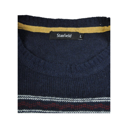 Vintage Crew Neck Knitwear Retro Pattern Sweater Navy Large