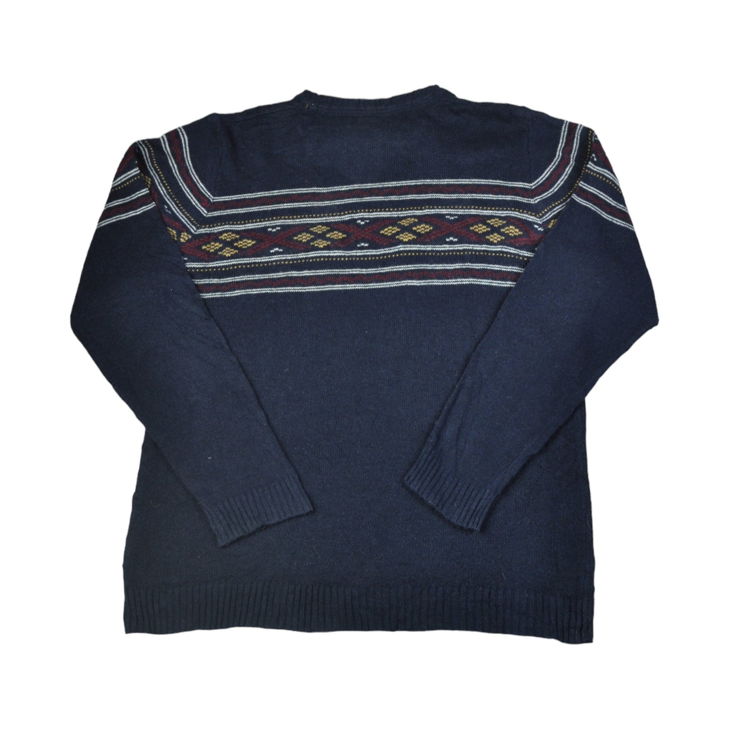 Vintage Crew Neck Knitwear Retro Pattern Sweater Navy Large