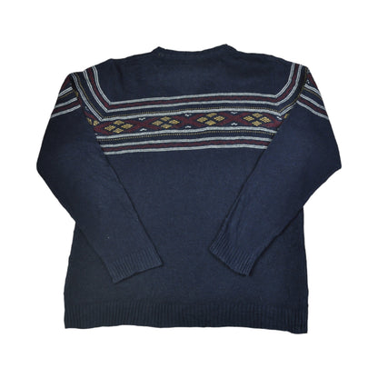 Vintage Crew Neck Knitwear Retro Pattern Sweater Navy Large