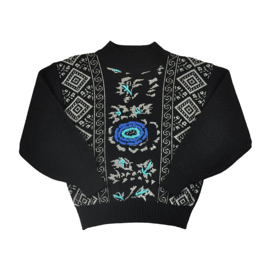 Vintage Knitwear Sweater Retro Pattern Black Ladies XS