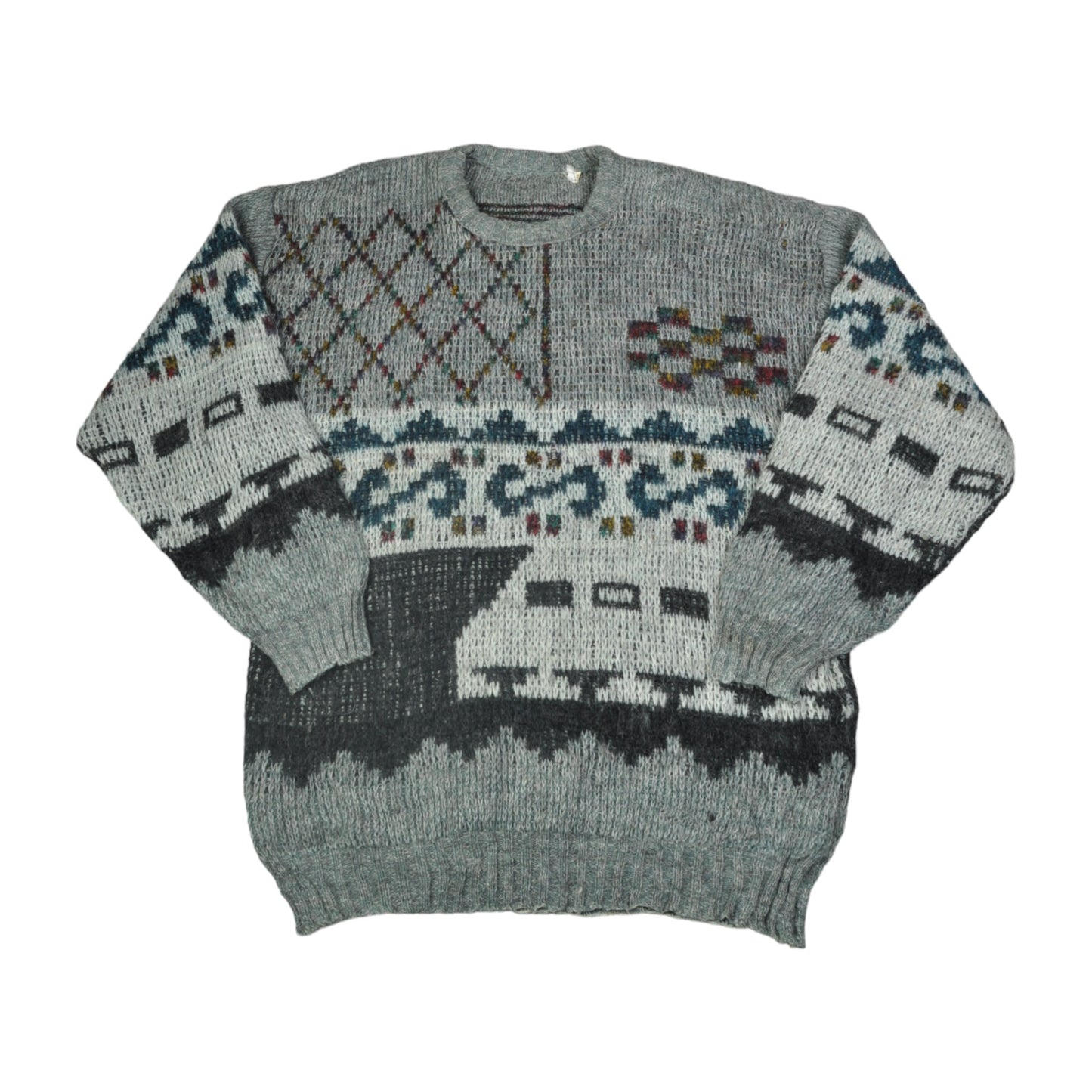 Vintage Crew Neck Knitwear Retro Pattern Sweater Grey Large