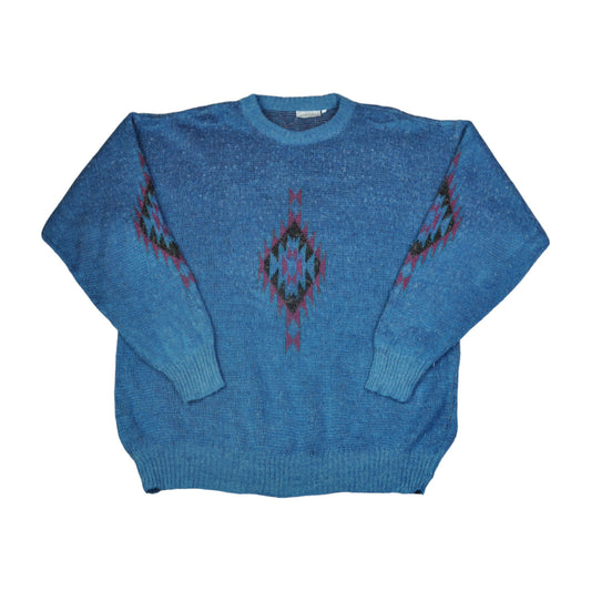 Vintage Crew Neck Knitwear Sweater Retro Pattern Blue Large