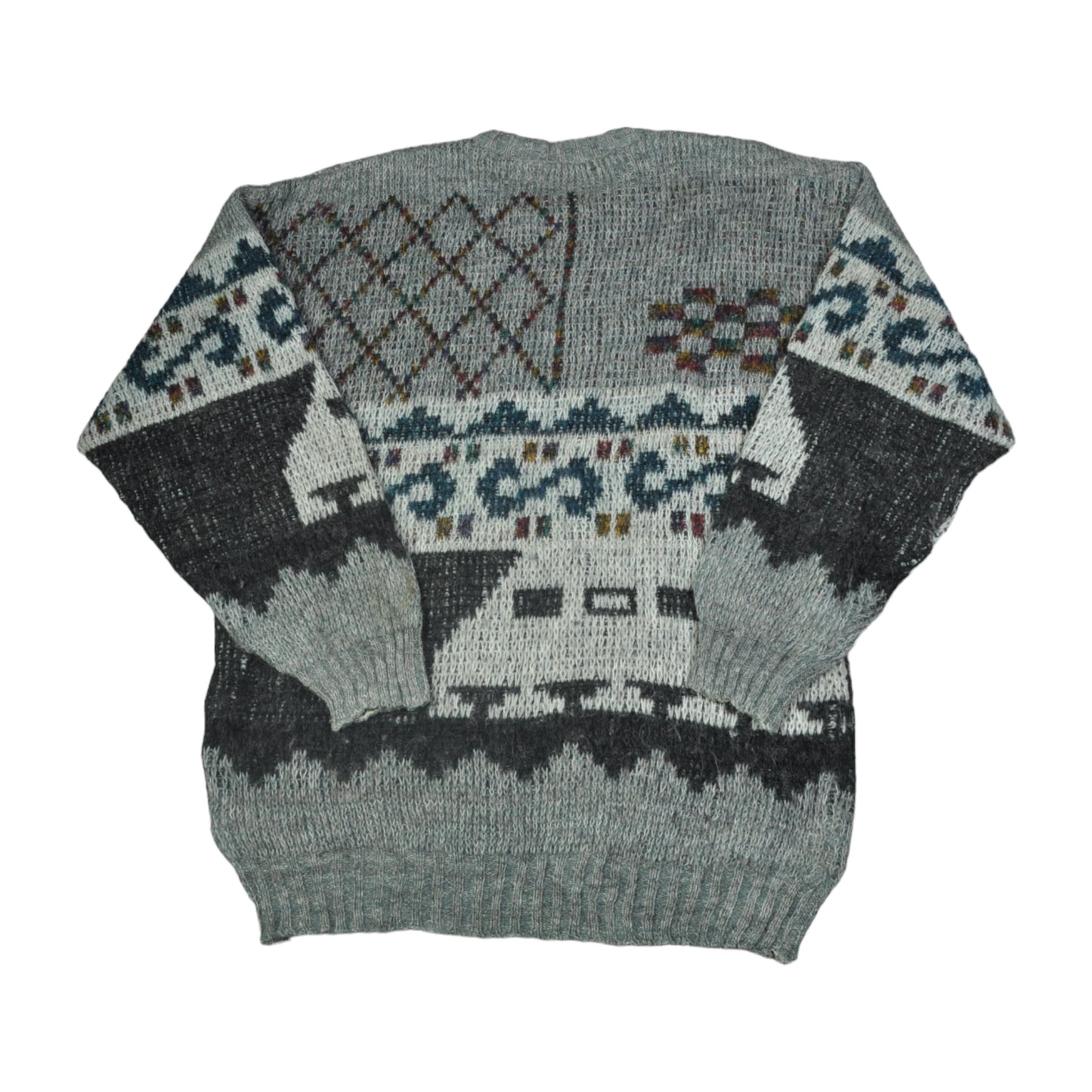 Vintage Crew Neck Knitwear Retro Pattern Sweater Grey Large