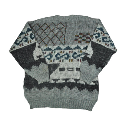 Vintage Crew Neck Knitwear Retro Pattern Sweater Grey Large