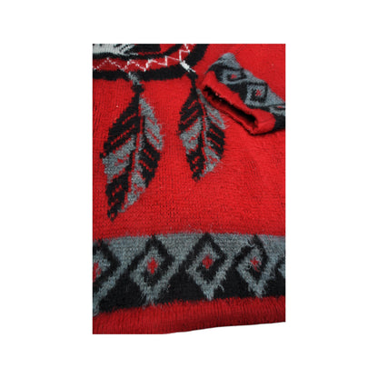 Vintage Wool Hooded Knitwear Sweater Tribal Pattern Red XL