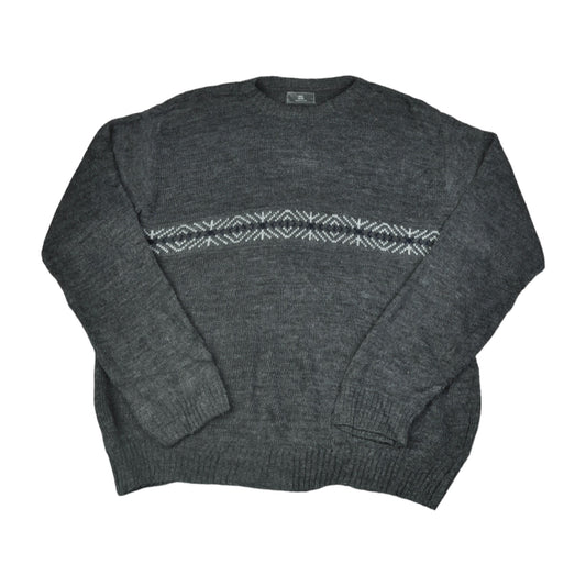 Vintage Crew Neck Strickpullover Retro Muster Grau Groß