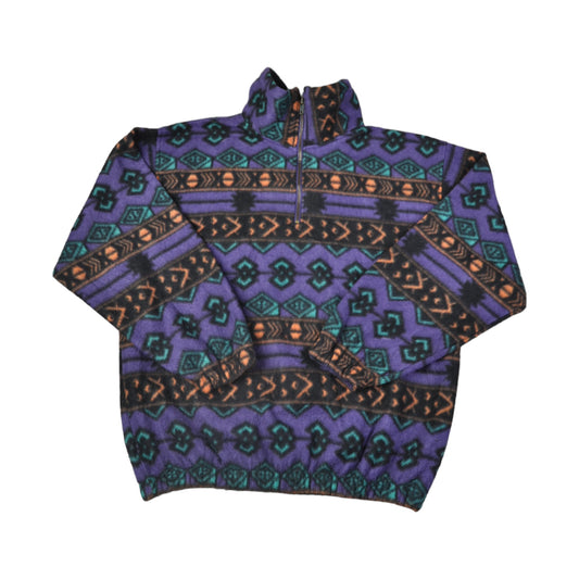 Vintage Fleece 1/4 Zip Retro Pattern Purple Large