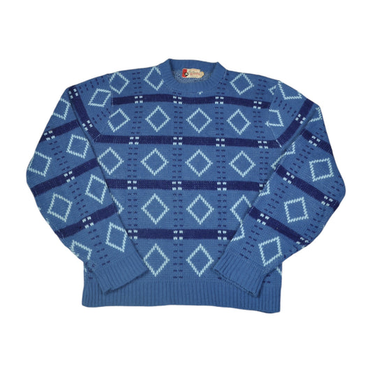 Vintage Knitwear Sweater Diamond Pattern Blue Medium