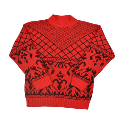 Vintage Knitted Jumper Retro Pattern Red/Black Ladies Medium