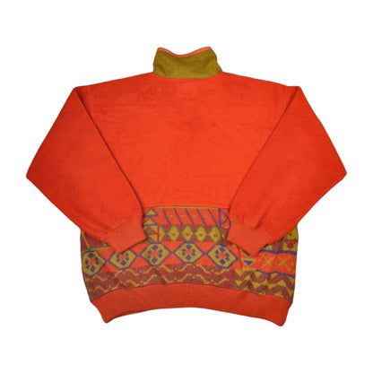 Vintage Silvy Fleece 1/4 Press Stud Retro Pattern Orange Medium