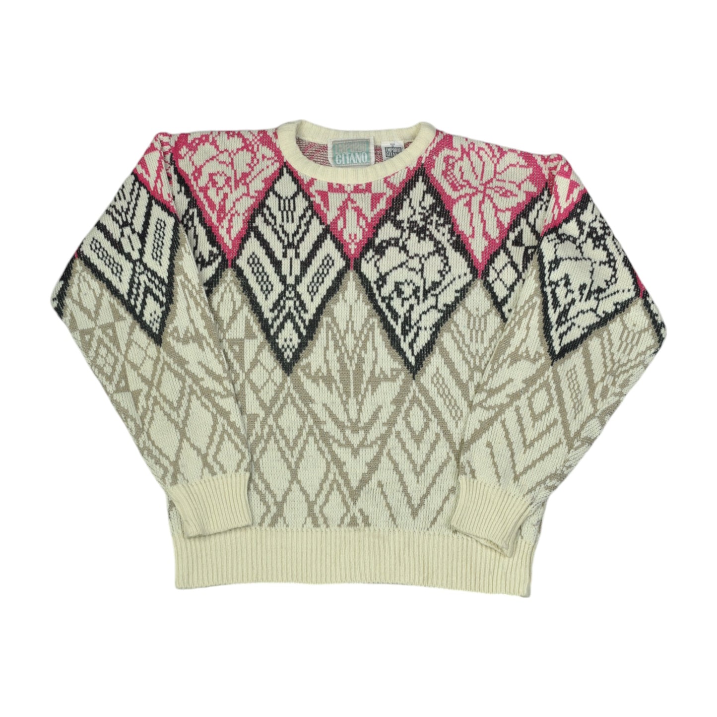 Vintage Knitwear Sweater Retro Pattern Beige Ladies Small