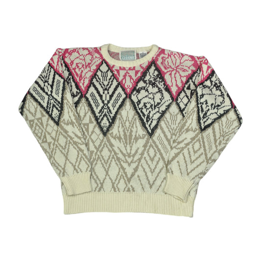 Vintage Knitwear Sweater Retro Pattern Beige Ladies Small