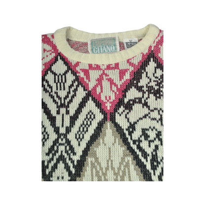 Vintage Knitwear Sweater Retro Pattern Beige Ladies Small