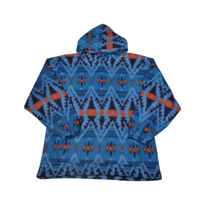 Vintage Hooded Fleece Jacket Aztec Pattern Blue Large