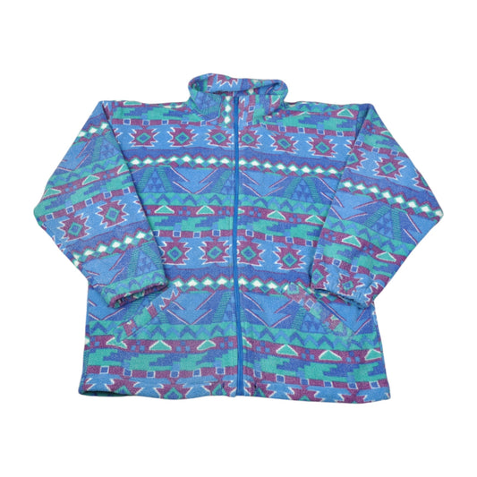 Vintage Fleece Jacket Retro Pattern Blue Large