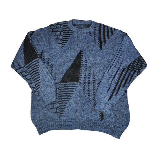 Vintage Crew Neck Knitwear Sweater Retro Pattern Blue XXL