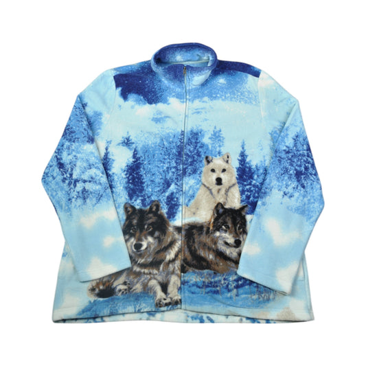 Vintage Fleece Jacket Wolf Pattern Blue Ladies XL