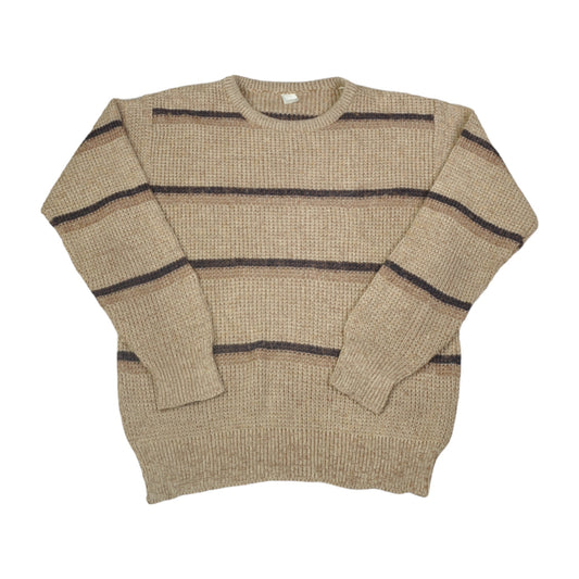 Vintage Crew Neck Knitwear Sweater Stripe Pattern Beige Medium