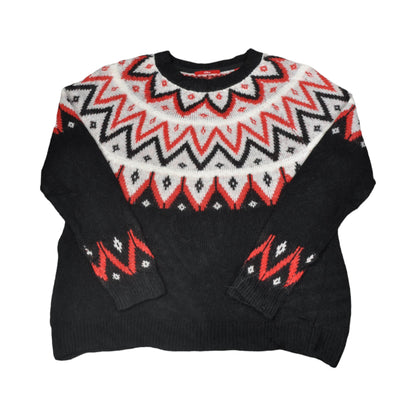 Vintage Crew Neck Knitwear Retro Pattern Sweater Black Ladies Large