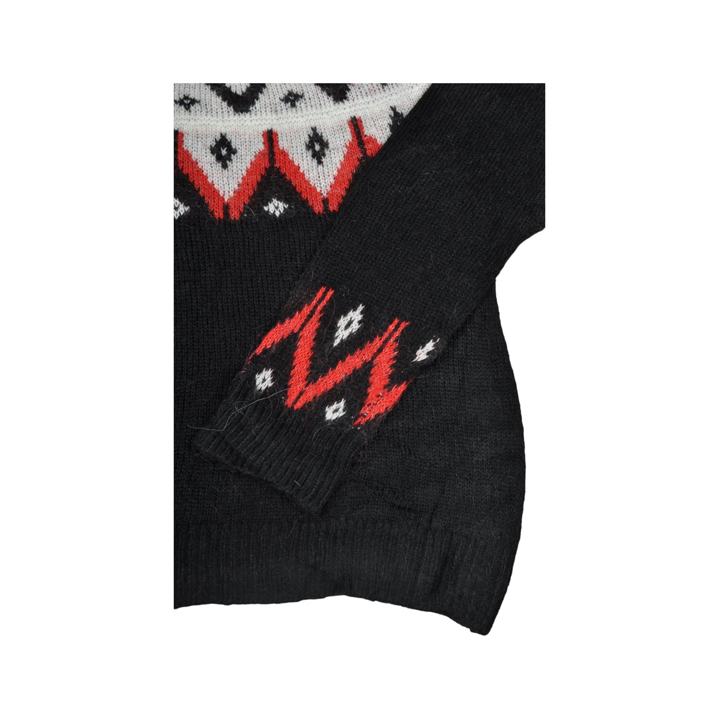 Vintage Crew Neck Knitwear Retro Pattern Sweater Black Ladies Large