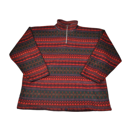 Vintage Fleece 1/4 Zip Retro Pattern Red XL