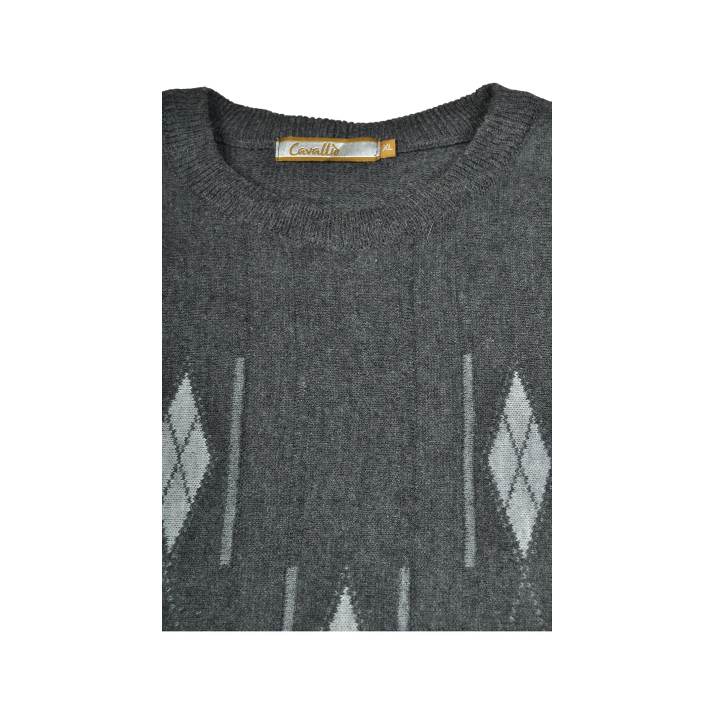 Vintage V-Neck Knitwear Retro Pattern Sweater Grey XL