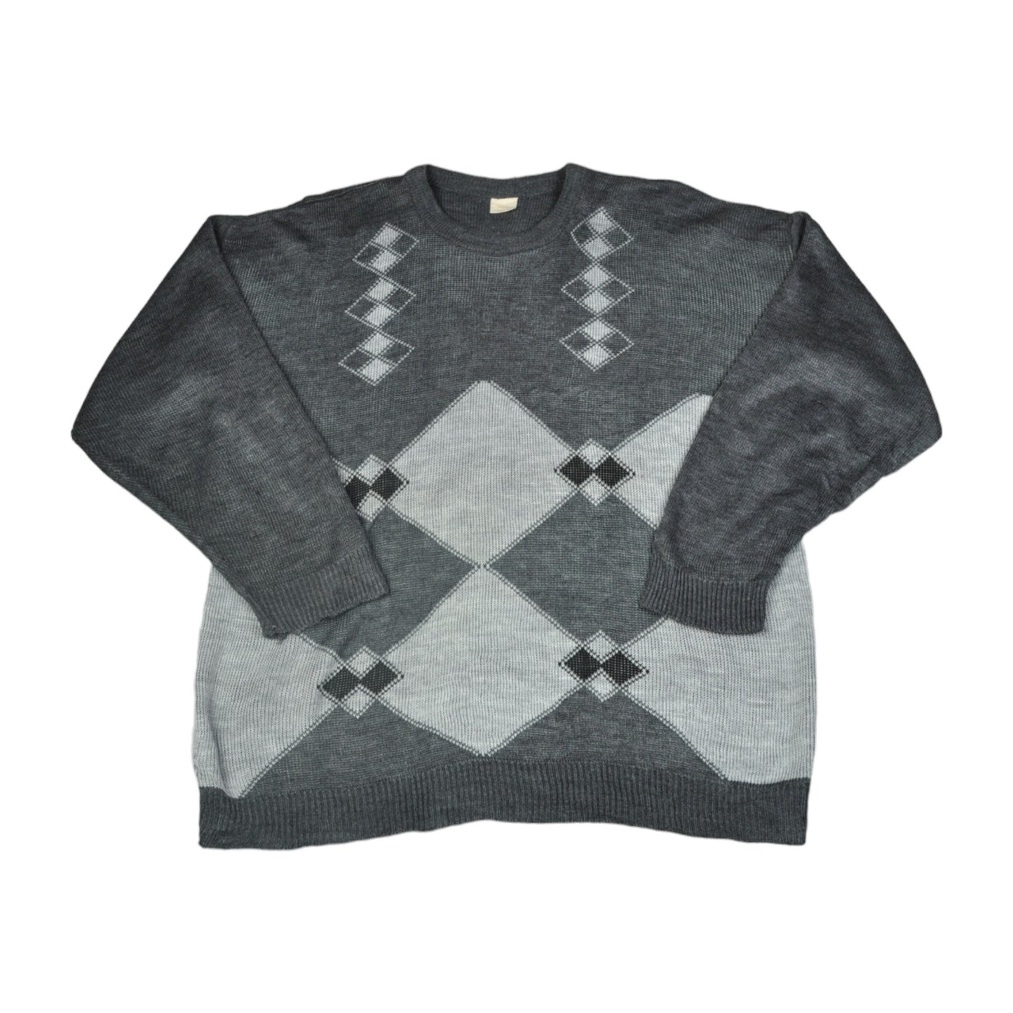 Vintage Crew Neck Knitwear Retro Pattern Sweater Grey Large