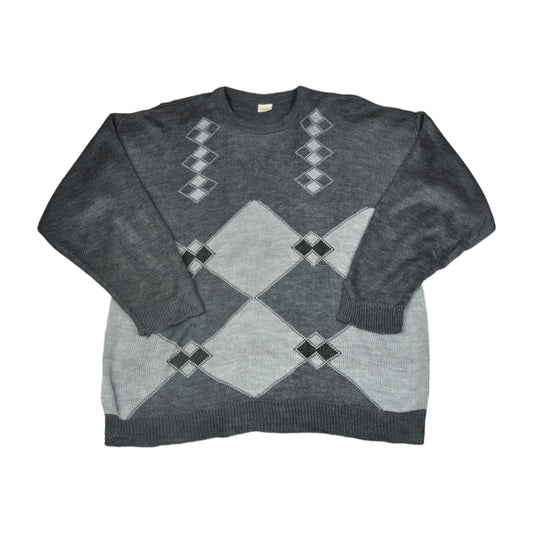 Vintage Crew Neck Strickpullover Retro Muster Grau Groß