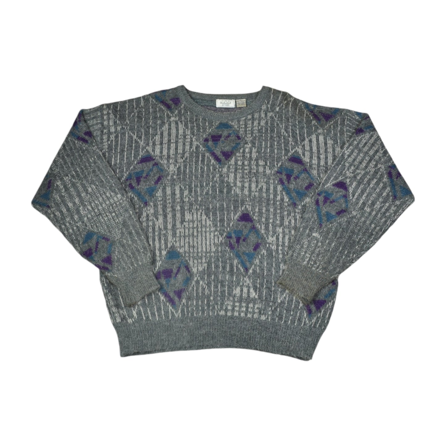 Vintage Knitwear Sweater Diamond Pattern Grey XL