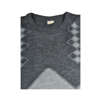 Vintage Crew Neck Knitwear Retro Pattern Sweater Grey Large