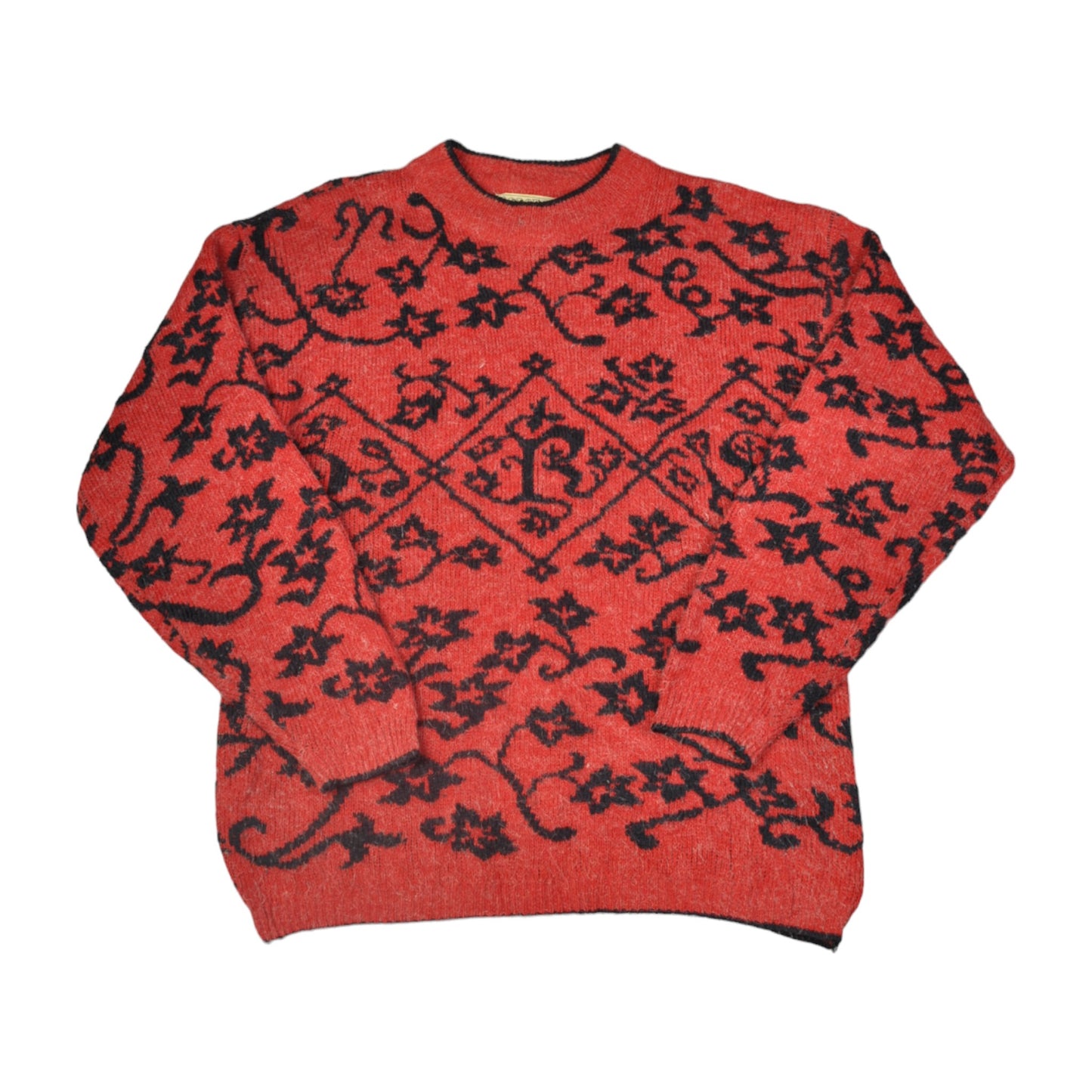 Vintage Crew Neck Knitwear Retro Pattern Sweater Red Small