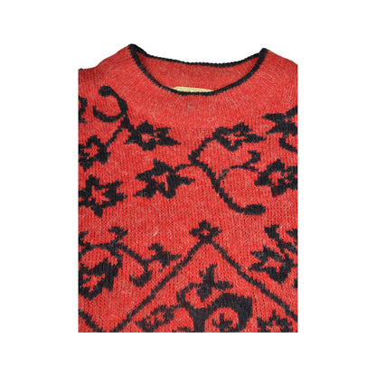 Vintage Crew Neck Knitwear Retro Pattern Sweater Red Small