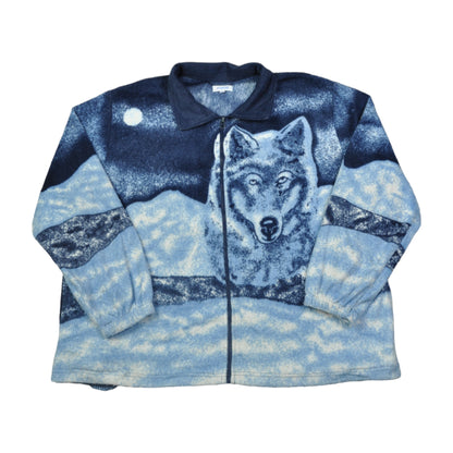 Vintage Fleece Jacket Wolf Pattern Blue Ladies XXL