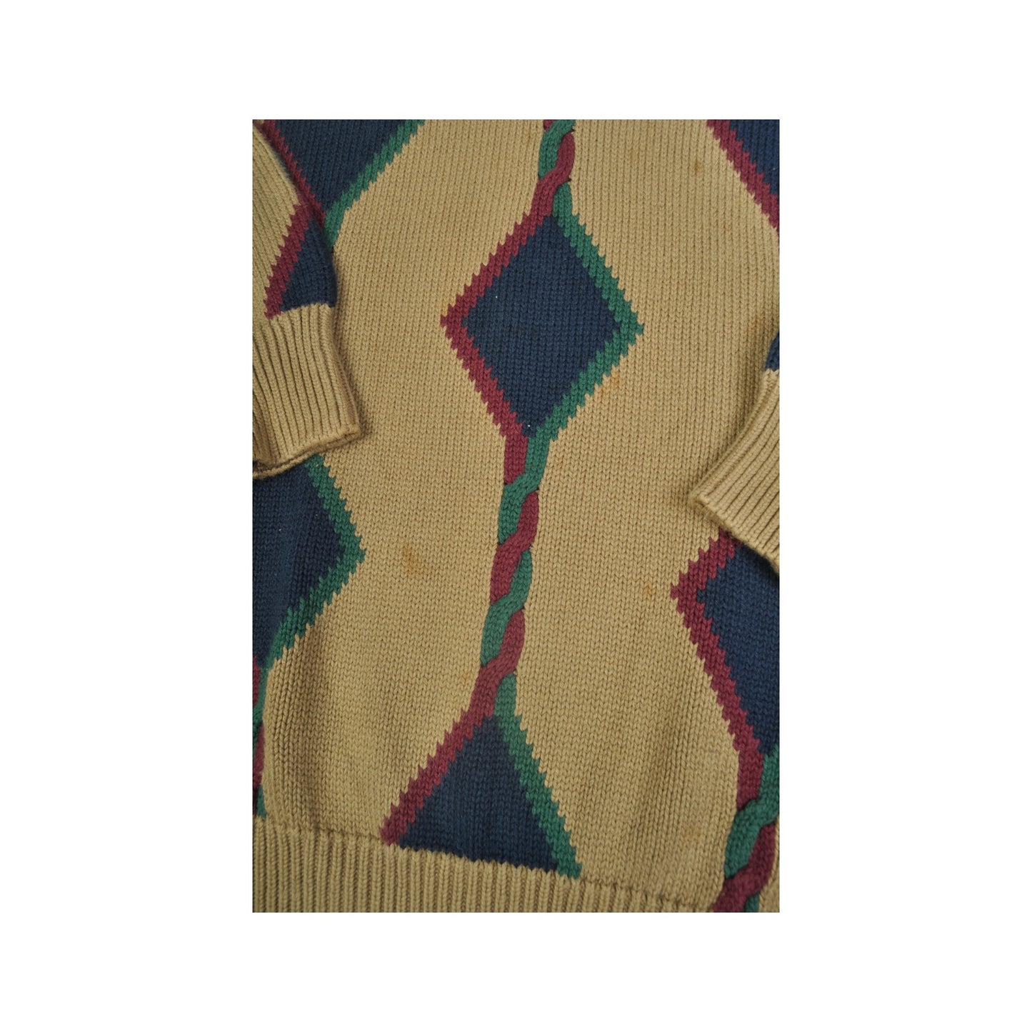 Vintage Cotton Knitwear Sweater Diamond Pattern Tan Large