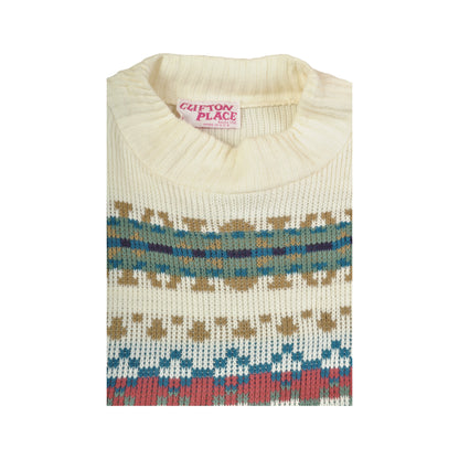 Vintage Strickpullover Retro Muster Creme Damen Groß