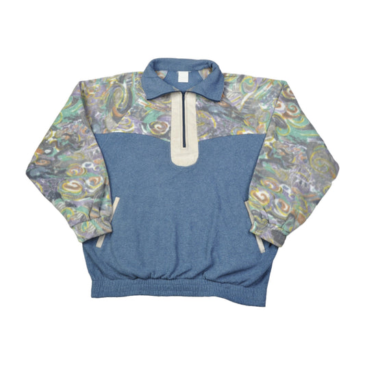 Vintage Fleece 1/4 Zip Retro Pattern Blue Large