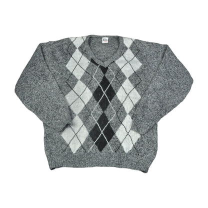 Vintage V-Neck Knitwear Argyle Pattern Sweater Grey Large