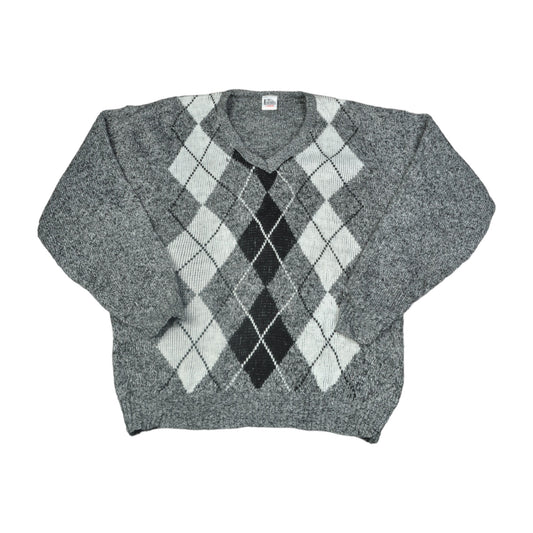 Vintage V-Ausschnitt Strickpullover Argyle Muster Grau Groß