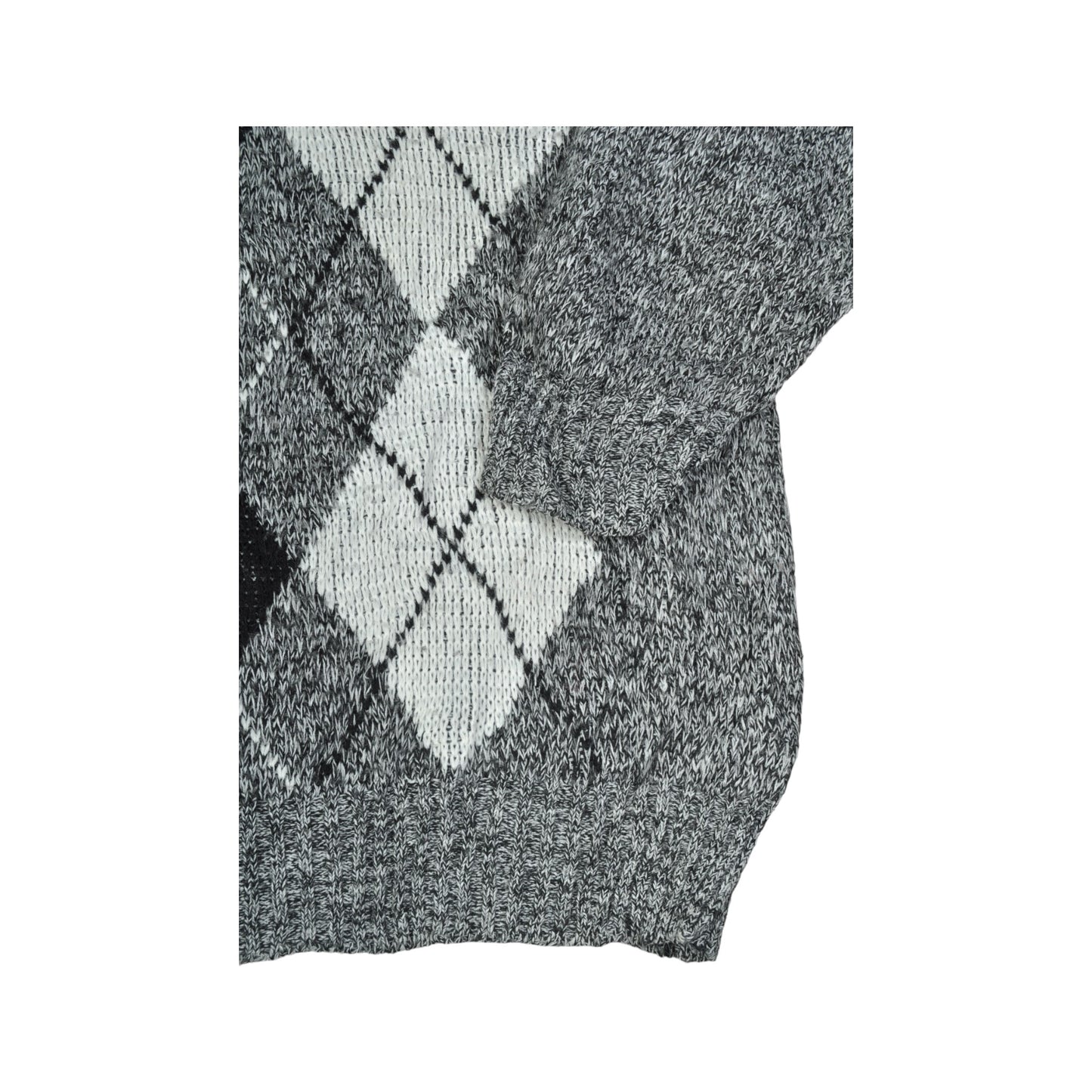 Vintage V-Neck Knitwear Argyle Pattern Sweater Grey Large